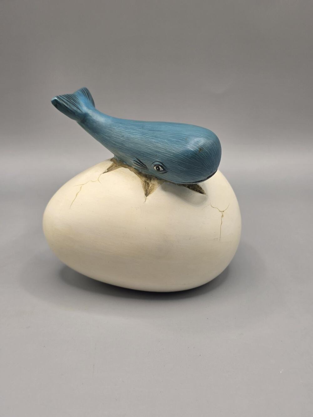 Vtg Mexico Pottery Hatching Blue Sperm Whale Figurine Cracked Egg Tonala Art